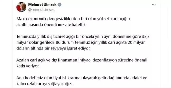 Şimşek: Yüksek Cari Açık Azaldı