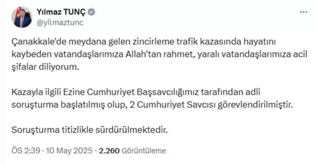 Bakan Tunç: Çanakkale'deki Trafik Kazası İçin 2 Savcı Görevlendirildi