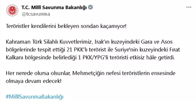 Türk Silahlı Kuvvetleri Irak ve Suriye'de 22 Teröristi Etkisiz Hale Getirdi