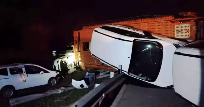 Sıfır araçları taşıyan tır devrildi