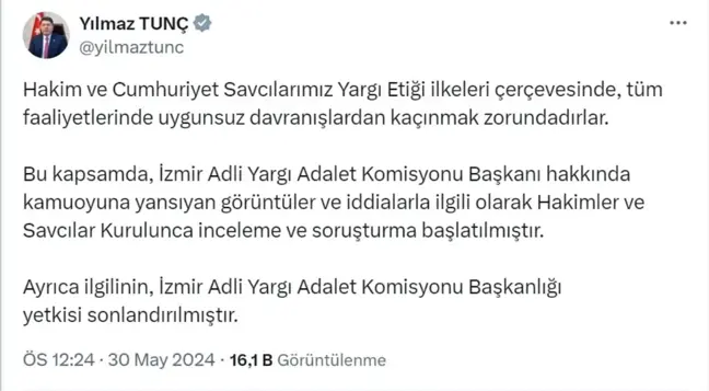 Adalet Bakanı, İzmir Adli Yargı Adalet Komisyonu Başkanı hakkında soruşturma başlattı