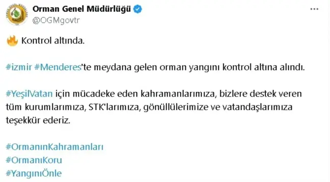 İzmir Menderes'teki Orman Yangını Kontrol Altına Alındı