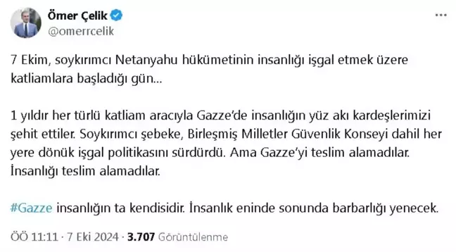 AK Parti'li Çelik: İnsanlık eninde sonunda barbarlığı yenecek