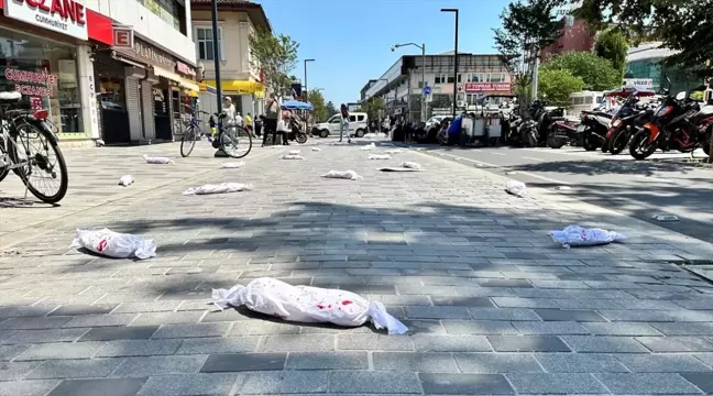 Düzce'de İsrail'in Filistin'e yönelik saldırılarını protesto etmek amacıyla kanlı kefenli bebekler bırakıldı