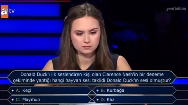 Donald Duck'ı ilk seslendiren kişi olan Clarence Nash'in bir deneme çekiminde yaptığı hangi hayvan sesi taklidi Donald Duck'ın sesi olmuştur?