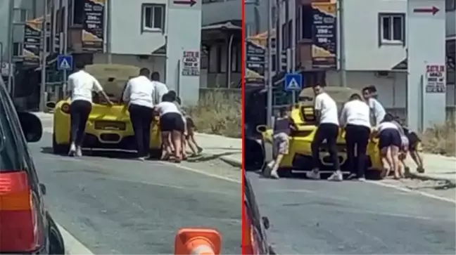 Eşine az rastlanan görüntü! Yolda kalan Ferrari'ye vatandaşlar