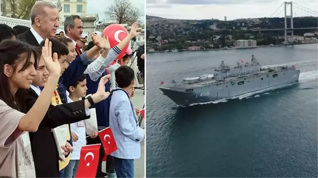 23 Nisan'da Boğaz'dan geçen TCG Anadolu, Cumhurbaşkanı Erdoğan'ı ve çocukları selamladı