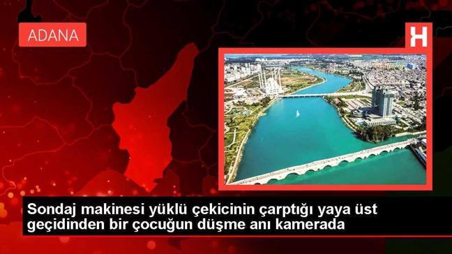 Sondaj makinesi yüklü çekicinin çarptığı yaya üst geçidinden bir çocuğun düşme anı kamerada