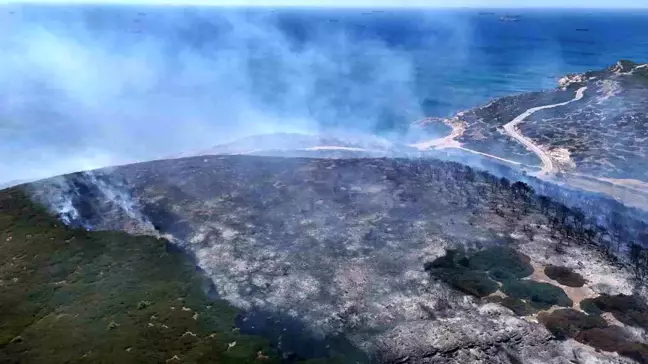 Bozcaada'da çıkan yangın dron ile havadan görüntülendi