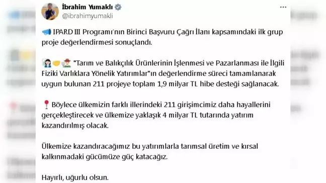 Bakan Yumaklı'dan IPARD III İçin 1,9 Milyar TL Hibe Desteği