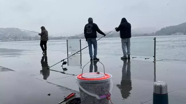 Kar Yağışına Rağmen Balık Avı Devam Ediyor