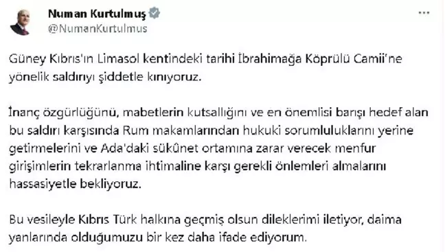 TBMM Başkanı Numan Kurtulmuş, Güney Kıbrıs'taki Cami Saldırısını Kınadı