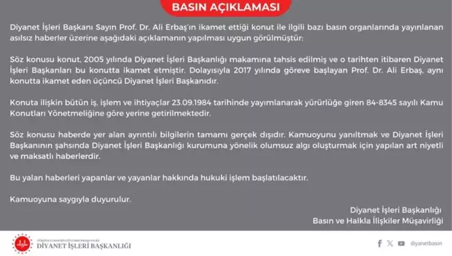 Diyanet İşleri Başkanlığı'ndan Ali Erbaş'ın ikamet ettiği konutla ilgili açıklama