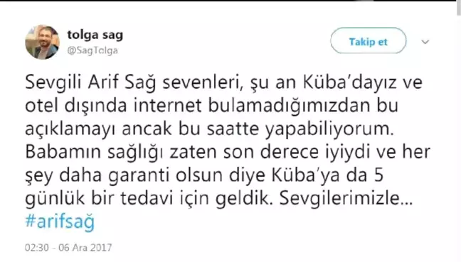 Arif Sağ, Tedavi İçin Küba'ya Gitti (2)
