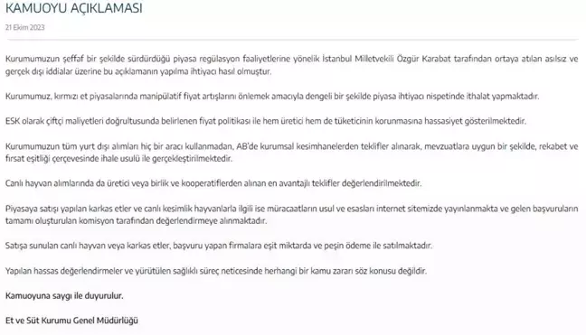 Et ve Süt Kurumu, CHP Milletvekili Özgür Karabat'ın İddialarına Cevap Verdi