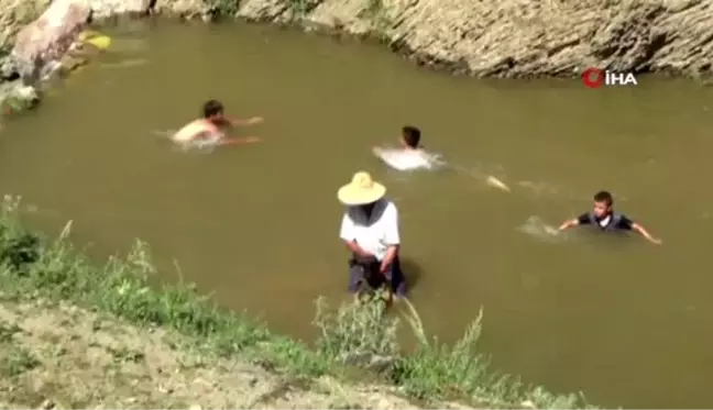 Koyunların yıkandığı gölette çocuklar da yüzdü..Renkli görüntüler böyle görüntülendi