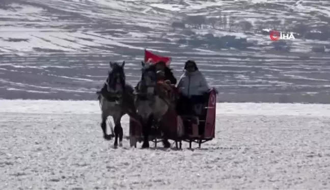 Yüzeyi buzla kaplanan Çıldır Gölü'nde turistlerin atlı kızak keyfi