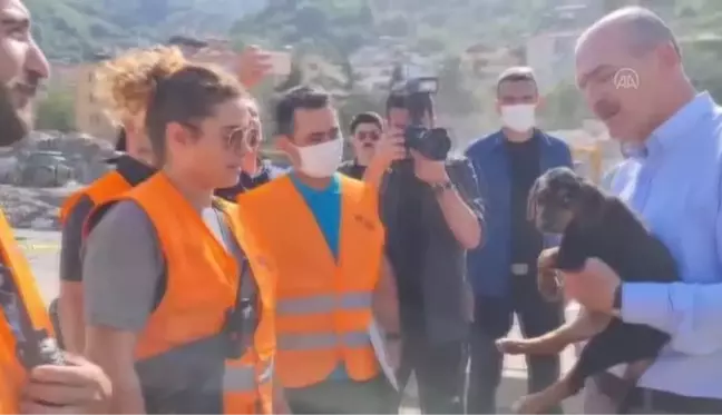 Son dakika haberi: KASTAMONU - Bakan Soylu, Kastamonu'daki sel felaketinin ardından kurtarılan köpeğe 