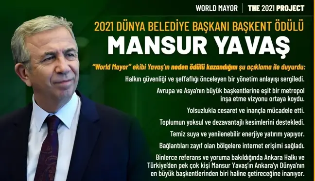 2021 Dünya Belediye Başkanı Başkent Ödülü Mansur Yavaş'ın