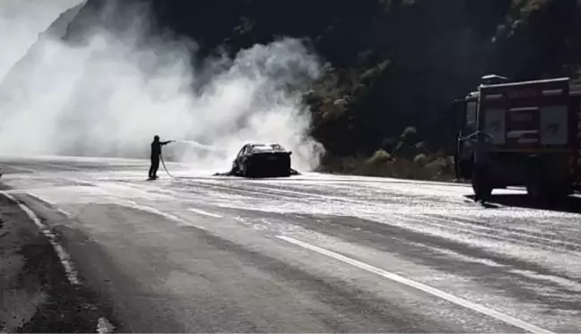 AĞRI'DA SEYİR HALİNDEYKEN YANAN OTOMOBİL NEDENİYLE YOL TRAFİĞE KAPANDI