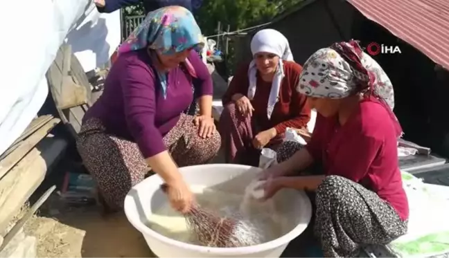 Kadınların zorlu pestil ve pekmez yapımı imece usulü ile eğlenceli hale geliyor