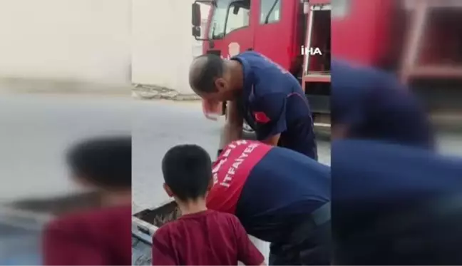 Yeraltı çöp konteynerine atılan kaplumbağayı itfaiye ekipleri kurtardı