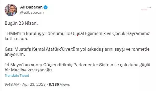 Ali Babacan'dan 23 Nisan Mesajı: