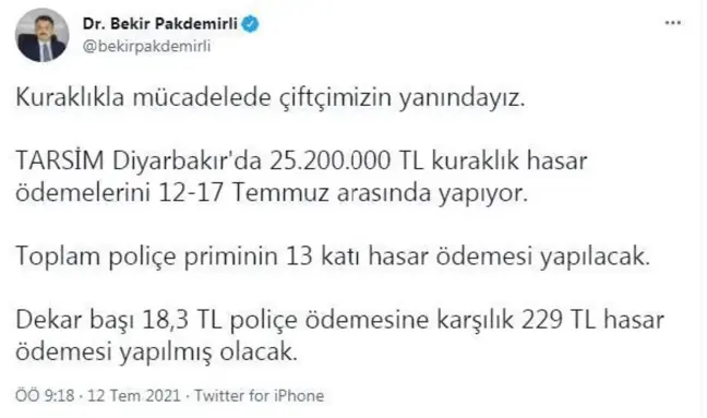 Bakan Pakdemirli: TARSİM Diyarbakır'da 25 milyon 200 bin TL kuraklık hasar ödemesi yapacak