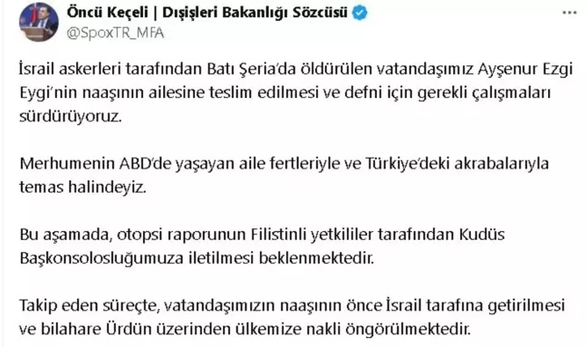 İsrail'de öldürülen Türk vatandaşının cenazesi Ürdün üzerinden Türkiye'ye getirilecek