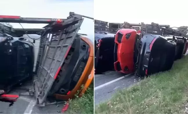 İngiltere'de milyonluk kaza! Tır devrildi, lüks otomobiller yola savruldu