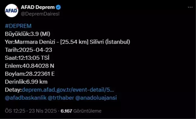 Marmara Denizi Silivri Açıklarında 3.9 Büyüklüğünde Deprem