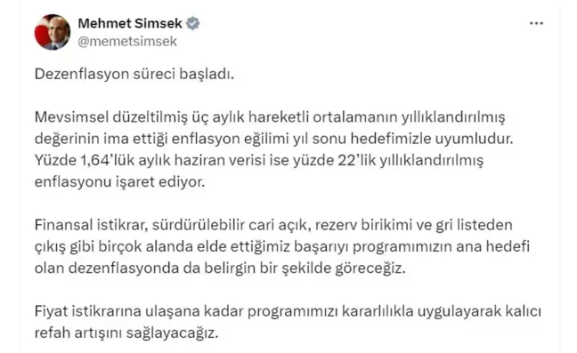 Şimşek: Dezenflasyon süreci başladı