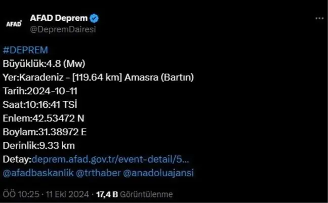 Karadeniz'de 4,8 Büyüklüğünde Deprem