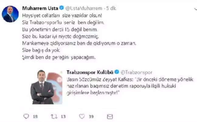 Muharrem Usta, Trabzonspor Yönetimine Rest Çekti
