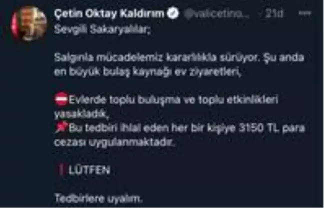 Sakarya'da evlerde toplu buluşma ve etkinliklere 3 bin 150 lira ceza kesilecek