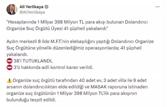 41 Şüpheli Dolandırıcı Çeteye Operasyon: 1.4 Milyar TL Para Akışı Tespit Edildi
