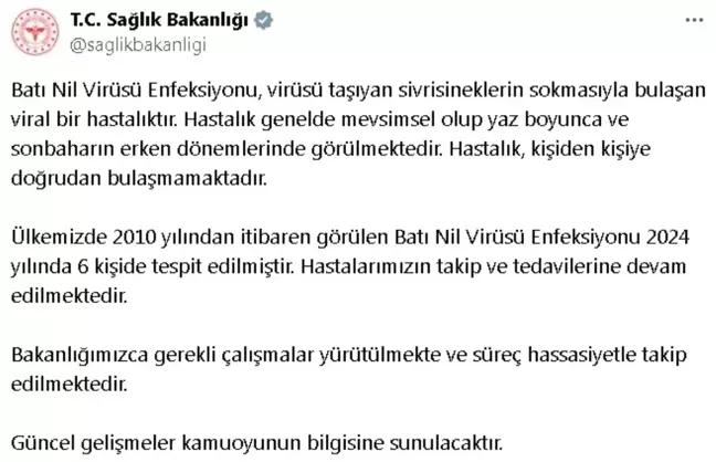 Batı Nil Virüsü Enfeksiyonu Türkiye'de 6 Kişide Tespit Edildi