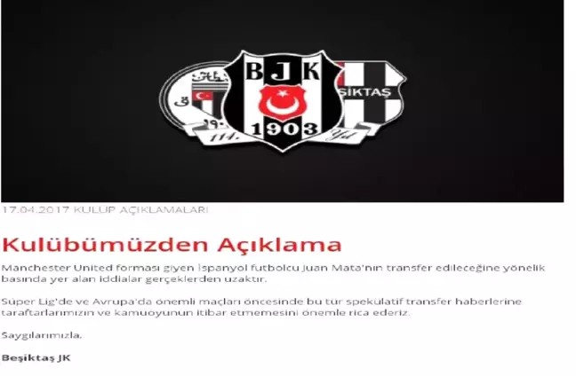 Beşiktaş'tan Mata Açıklaması