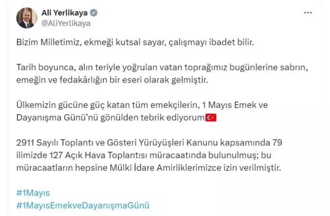 İçişleri Bakanı Yerlikaya'dan 1 Mayıs Mesajı