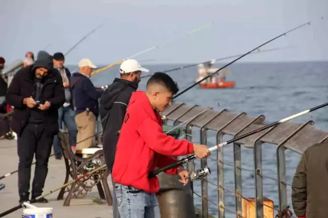 Amatör Balıkçılar Güneşli Havada Rıhtımda Balık Tutmanın Keyfini Çıkarıyor