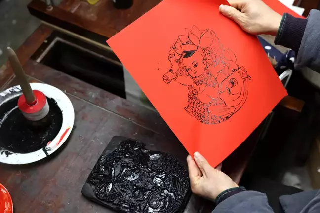 Çin'in Anhui eyaletinde Tongshouji ahşap baskı Yeni Yıl Tablosu sanatı