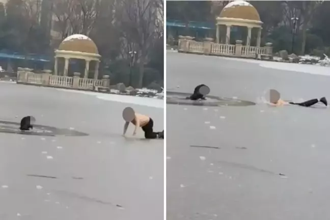Kahramana adam, buzlu göle düşen çocuğu kurtardı