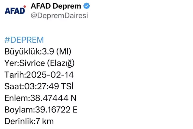 Elazığ'da 3.9 Büyüklüğünde Deprem