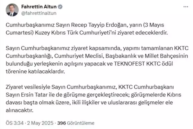 Cumhurbaşkanı Erdoğan, Yarın KKTC'yi Ziyaret Edecek