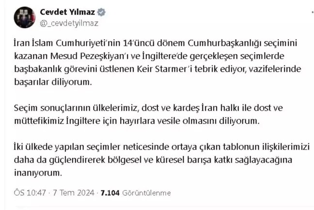 Cevdet Yılmaz, İran ve İngiltere'deki seçim sonuçlarını tebrik etti