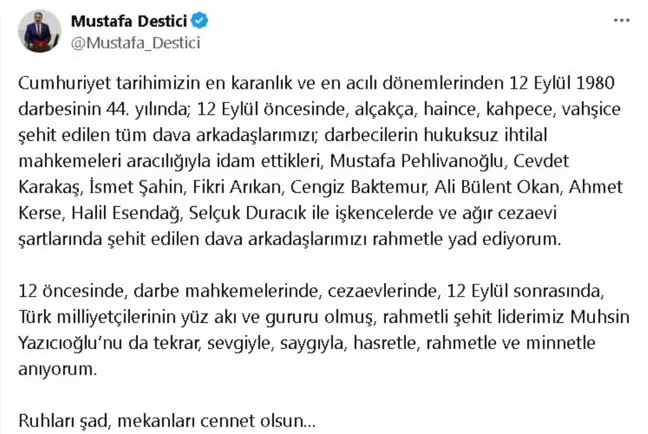 Mustafa Destici, 12 Eylül Darbesi'nin 44. Yıldönümünde Şehitlerini Andı