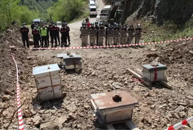 RİZE'DE TAŞ OCAĞI KARŞITLARI, ARI KOVANLARI İLE YOLU KESTİ