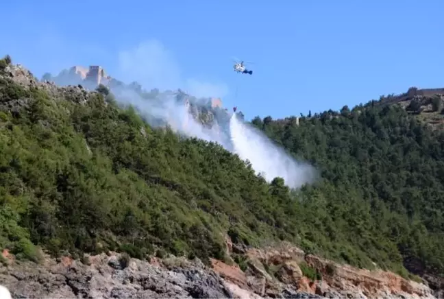 Alanya Kalesi yakınında orman yangını; plajdan söndürme çalışmalarını izlediler