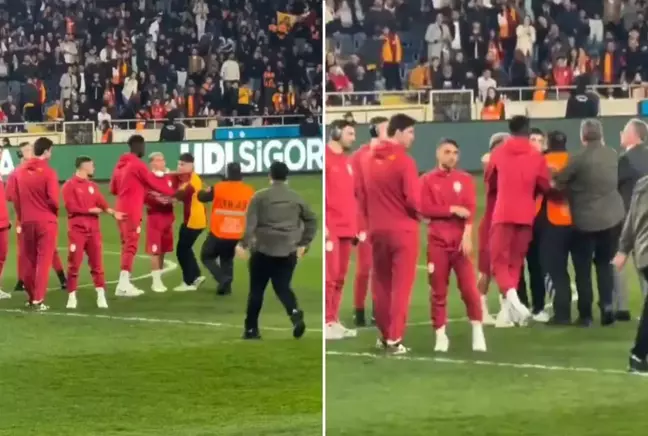 Maç öncesi olay: Sahaya giren taraftar, Galatasaraylı futbolcuların arasına daldı