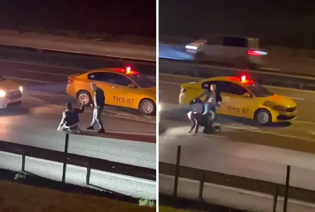 Taksi şoförü, ücretini ödemeyen yolcuyu akan trafikte tekme tokat dövdü